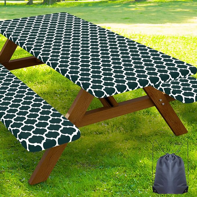 Smiry Picnic Table Cover with Bench Covers, Waterproof Elastic Fitted Tablecloth for 8 Foot Tables, Washable Polyester Tablecloths for Camping, Indoor & Outdoor (Hunter Green, 30x96 Inch 3-pc Set)