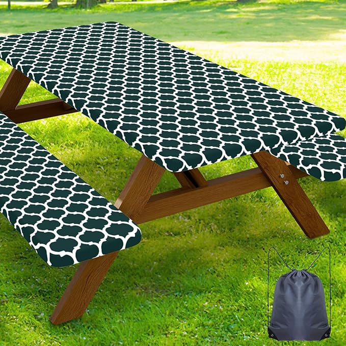 Smiry Picnic Table Cover with Bench Covers, Waterproof Elastic Fitted Tablecloth for 5 Foot Tables, Washable Polyester Tablecloths for Camping, Indoor & Outdoor (Hunter Green, 30x60 Inch 3-pc Set)