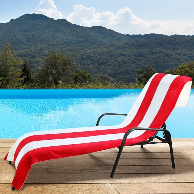 Superior Cabana Cotton Lounge Chair Cover, Outdoor Towel/Chaise Furniture Covers, Terry Cloth, Beach, Spa, Swim Accessories, Pool Chair Cover, Soft, Quick Drying, 32" x 102", Set of 6, Red