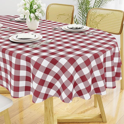 Smiry Oval Table Cloth, Vinyl Tablecloths with Flannel Backing, 60"x84" | Waterproof Picnic Table Cloth, Wipeable Buffalo Plaid Table Cover for Indoor and Outdoor (Burgundy & White)