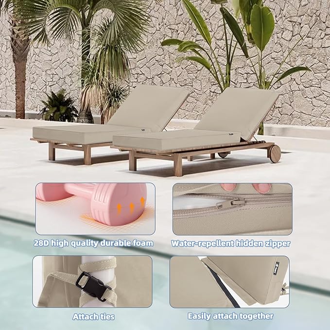 Favoyard Chaise Lounge Cushions Outdoor 72 x 21 x3 Inch Waterproof & 3-Year Fade Resistant Outdoor Lounge Chair Cushions with Removable Cover, Ties and Hidden Zipper for Patio Pool Lounge Chairs