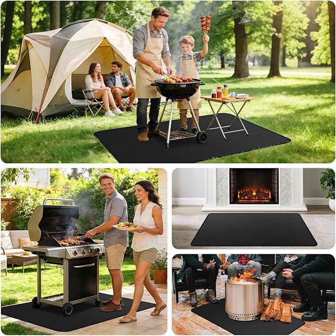 Under Grill Mats for Outdoor Grill - 65 x 39 Inch BBQ Mats for Outdoor Grill Deck Protector, Double-Sided Fireproof Oil-Proof Waterproof, Easy to Clean, Perfect for Outdoor Grilling