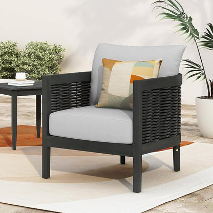 Christopher Knight Home Newine Acacia Wood Patio Accent Chair, Wooden Lounge Chair Outdoor, Wicker Club Chair with Removable Cushion, Comfy Reading Chair for Backyard/Garden/Balcony, Black+Light Grey