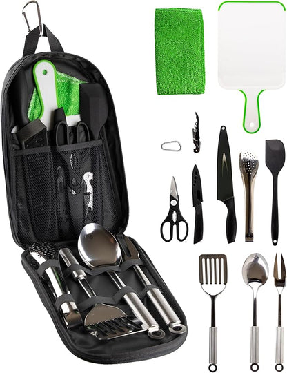 Life2Go 12 Piece Stainless Steel Camping Cooking Utensils Set, Portable Outdoor Kitchen Kit with Chef Knife, Tongs, Spatula, Scissors, Camp Cooking Gear with Carry Case for Hiking, BBQ & Travel, Gray