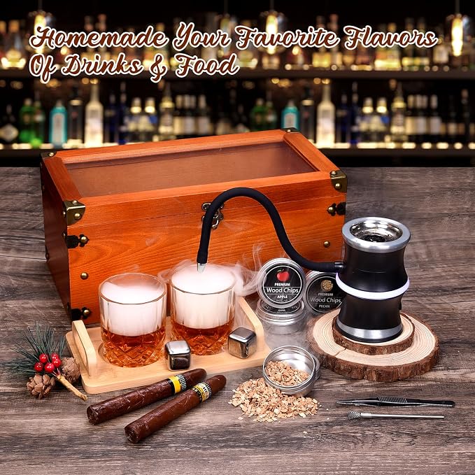 Electric Old Fashioned Smoker Kit, Whiskey Smoker Kit with Wooden Smoke Box, Cocktail Smoker Kit Infuse Rich Smoky in Bourbon&Cocktail, Home Bar Birthday Whiskey Gift for Men, Dad, Husband, Boyfriend