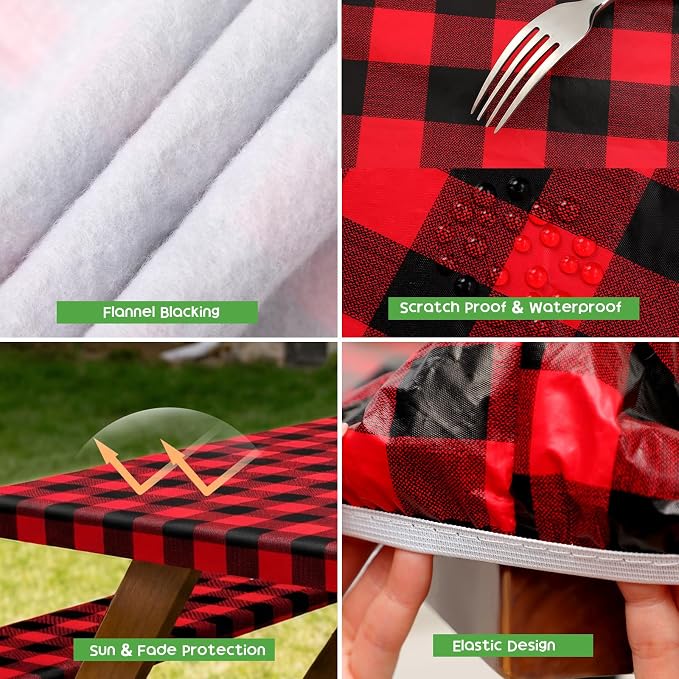 Picnic Table Cover with Bench Covers, Waterproof Tablecloth Set, Red Grid | Fitted 6ft Tables, for Outdoor Camping, RV, Includes 1 Table Cover(30"x72"), 2 Bench Covers(72"x12"), Drawstring Storage Bag