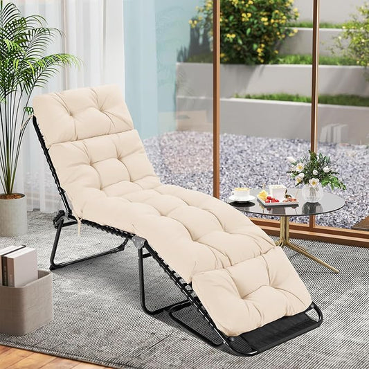 Tangkula Chaise Lounge Cushions Outdoor, 73 x 22 Inch Patio High Back Recliner Cushion with 4 String Ties, 4” Thick Padded Lounge Chair Cushion Replacement for Outdoor Indoor Furniture (1, Beige)