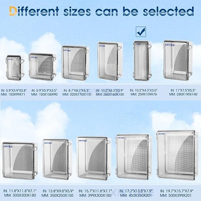 Waterproof Outdoor Project ABS Plastic Junction Box IP67 Weatherproof Dustproof Enclosure with Hinged Cover, Mounting Plate,Wall Brackets for Power Project (Clear,10.2"x4.3"x3.0")