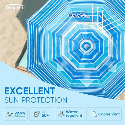 Tempera Heavy Duty High Wind Beach Umbrella with Sand Anchor & Carry Bag | Patio Outdoor Umbrella with Aluminum Frame and Push Button Tilt, Ideal for Travel Garden Lawn, UPF 60+