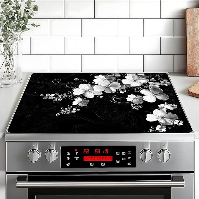 Stove Top Cover Retro Flower Gas Stove Top Cover for Home Decoration Kitchen Pad Non-Stick Washable Cooktop Covers Countertop Protector Keep Stove Clean 28"x20" (White flower-2)