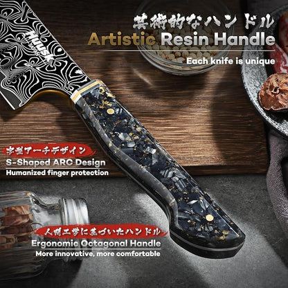 Huusk Damascus Japanese Chef Knife - Ultra Sharp Damascus VG-10 Kitchen Knife, Professional Santoku Knives with Ergonomic Resin Handle, Ideal Birthday Dad Mom Gift