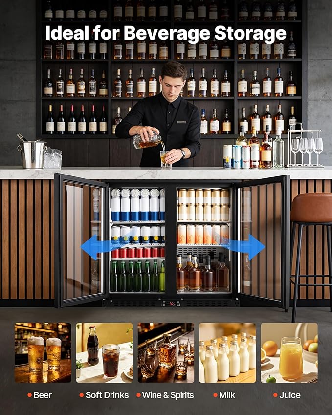 VEVOR Back Bar Cooler, 7.4 Cu. Ft Commercial Beverage Refrigerator, Under Counter Bar Fridge with 2 Glass Doors, LED Lighting, Shelves, Low-E Glass Display Cooler for Beer, Soda, Wine, Drinks