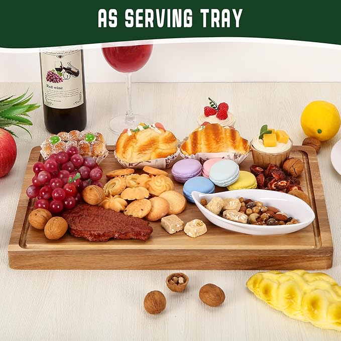XL Cutting Board, 18x12 Large Acacia Wooden Cutting Board for Kitchen, Edge Grain Wood Chopping Board with Juice Groove and Handles, Pre-Oiled Carving Tray for Meat & Cheese