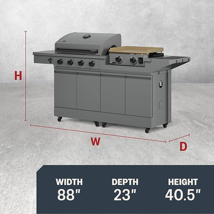 Tytus Anaheim 4-Burner Gas Grill with Prep Cart and Gas Griddle + Cover, Light, Baking Stone - Modular Outdoor Kitchen, Quick Assembly, Outdoor Cooking, Kitchen Island for BBQ
