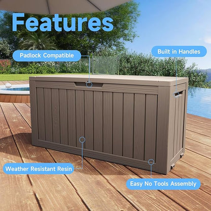 Pepe Tee Waterproof Resin Deck Box, Outdoor Storage Bin for Patio Furniture Cushions, All-Weather Garden Organizer & Seating Bench, Coffee