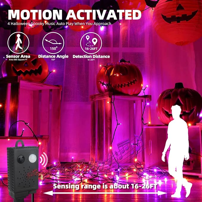 MZD8391 105FT 300LED Halloween Light, Orange Purple Christmas Light & Music | Play 4 Spooky Music, Waterproof, 100% UL Listed, Halloween String Lights Outdoor Indoor, 6 Light Mode, End To End Connectable