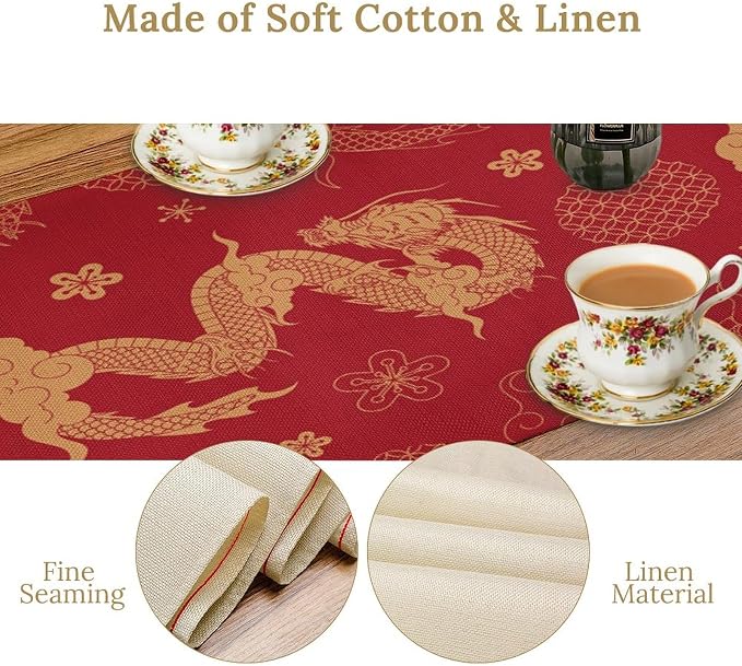 Gold Dragon Table Runner Traditional Oriental Chinese Japanese Flying Animal Red Dinner Runner Table Decoration for Home Kitchen Dining Table Party Decoration 13x36in