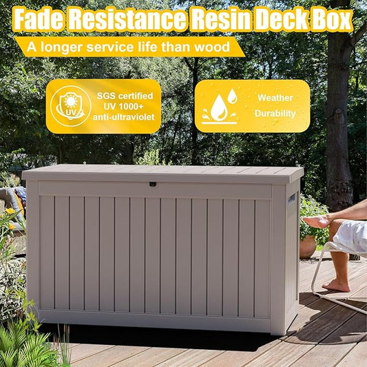 ROJIK 280 Gallon Deck Box Outdoor, Waterproof Outdoor Storage Boxes with Lids, Outside Resin Lockable Storage Box for Patio Cushions, Garden Tools(Grey)
