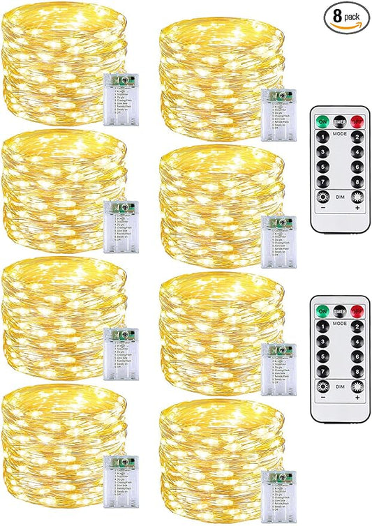 8 Pack 60 LED Fairy Lights Battery Operated with Remote, 20 FT Warm White | Cuttable, 8 Modes, Memory, Dimmable, Waterproof Battery String Lights with Timer for Indoor Outdoor, Christmas Decorations