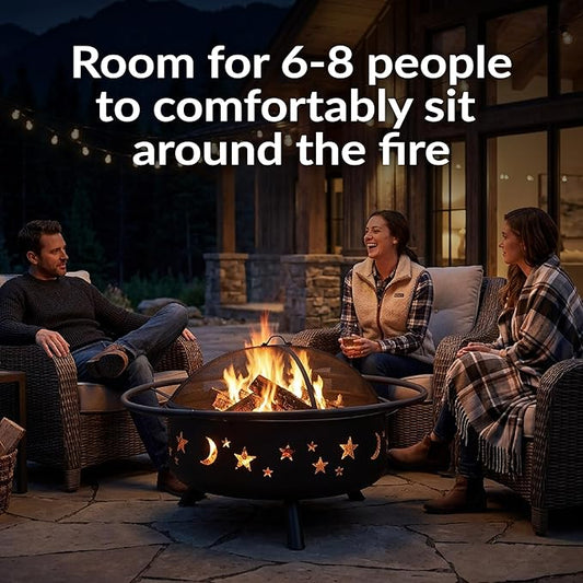 Sunnydaze Cosmic 42-Inch Large Outdoor Fire Pit - Wood-Burning Firepit for Outside Patio, Backyard, Deck - Steel - Wood Grate, Spark Screen, and Fireplace Poker Included - Black - 31” Bowl Diameter