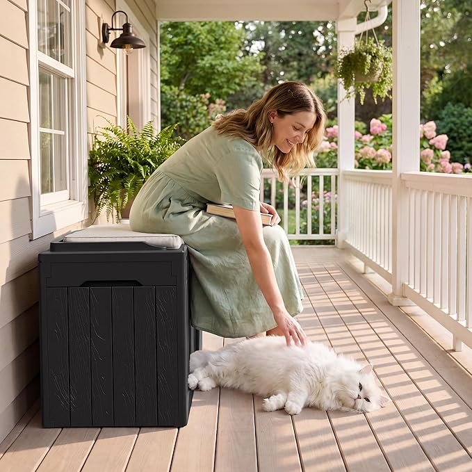 JUMMICO 31 Gallon Resin Deck Box Waterproof Indoor Outdoor Storage Boxes for Patio Furniture Cushions and Garden Tools (Black)