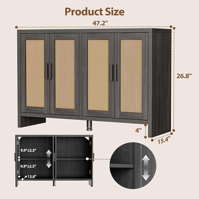 Rattan Buffet Cabinet with Storage, Sideboard with Doors, Console Table, Farmhouse Coffee Bar, Modern Wood Long Cabinets (Brown Black)
