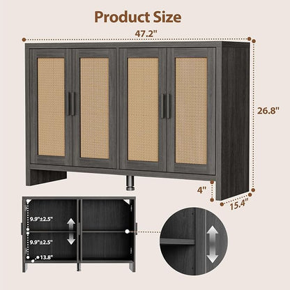 Rattan Buffet Cabinet with Storage, Sideboard with Doors, Console Table, Farmhouse Coffee Bar, Modern Wood Long Cabinets (Brown Black)