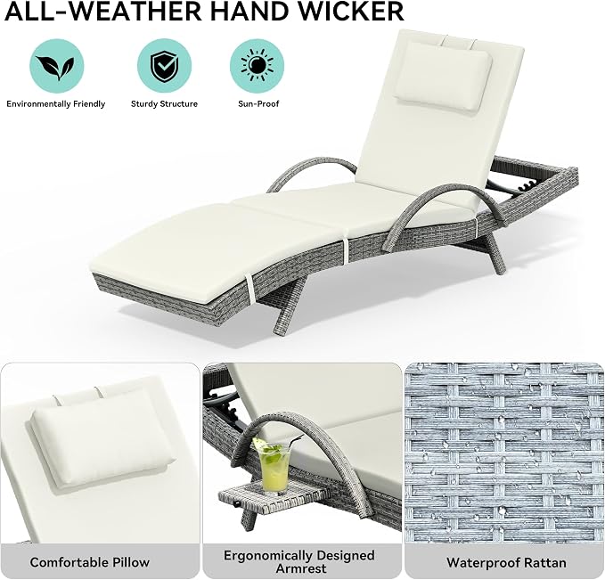 YITAHOME Wicker Chaise Lounge Outdoor, Rattan Pool Lounge Chair Reclining Chaise Lounge Set of 4 w/Pull-Out Desktop, 5-Position Backrest, Headrest & Cushion, Armrests for Poolside, Beach(Beige)