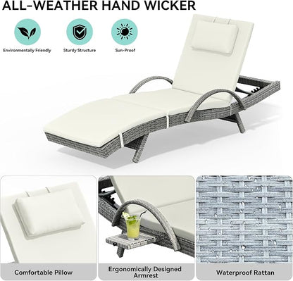 YITAHOME Wicker Chaise Lounge Outdoor, Rattan Pool Lounge Chair Reclining Chaise Lounge Set of 4 w/Pull-Out Desktop, 5-Position Backrest, Headrest & Cushion, Armrests for Poolside, Beach(Beige)