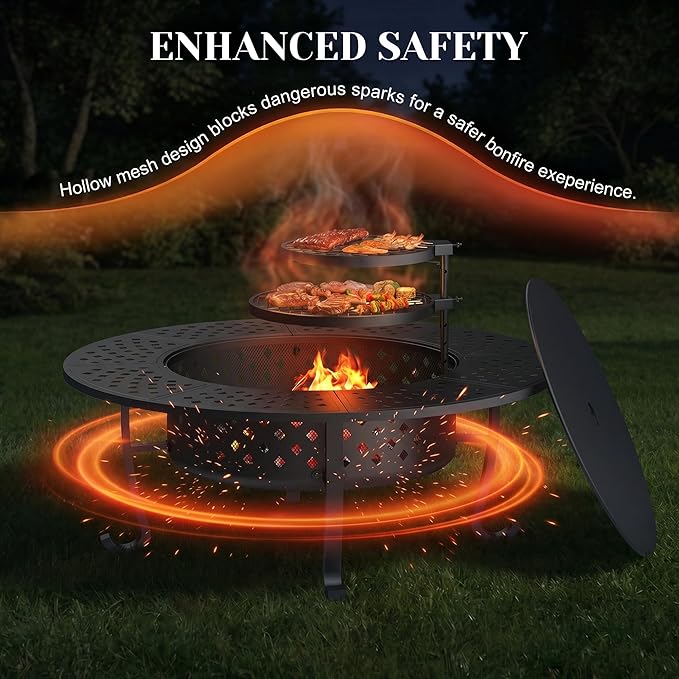 Outdoor Fire Pit, 48" Fire Pit for Outside Wood Burning with Adjustable 2 Grills, Firepit with Lid and Fire Poker, BBQ, Bonfire, Round Outdoor Fireplace 3 in 1 for Patio, Backyard, Garden, Camping