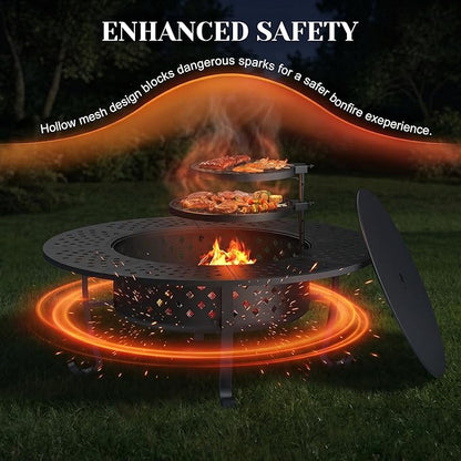 Outdoor Fire Pit, 48" Fire Pit for Outside Wood Burning with Adjustable 2 Grills, Firepit with Lid and Fire Poker, BBQ, Bonfire, Round Outdoor Fireplace 3 in 1 for Patio, Backyard, Garden, Camping