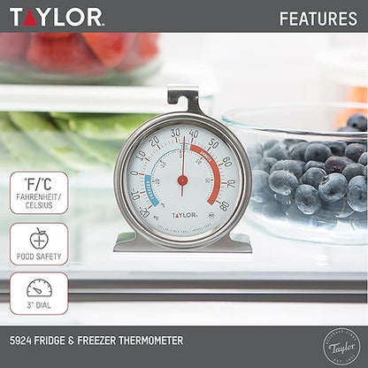 Taylor 5924 Large Dial Kitchen Refrigerator and Freezer Analog Thermometer, 3-Inch Dial, Easy to Read, Silver Finish, Accurate Temperature Monitoring