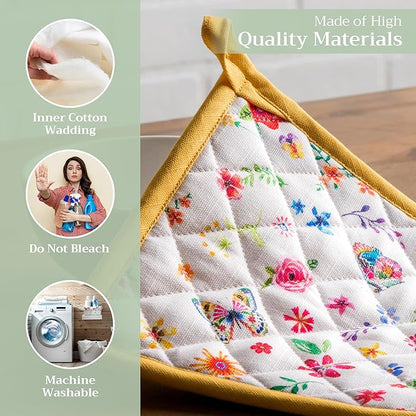 Maison d' Hermine Pot Holders 100% Cotton Heat Resistant Potholders 8" x 8" Hot Pads with Loop BBQ Baking Hotel Farmhouse Kitchen Handling Hot Pans Spring Summer (Pack of 1, Happy Florals - Sweety)