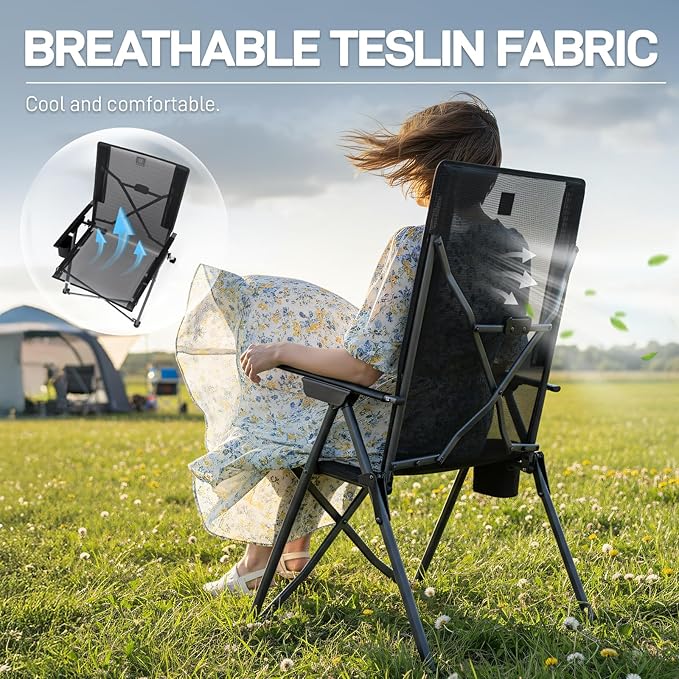 EVER ADVANCED Teslin Reclining Camping Chairs for Adult Lightweight, Portable Compact Folding Chair with Adjustable Back, 4-Level Recliner Chairs, Lawn Chair for Patio Balcony, Supports 300lbs, Black