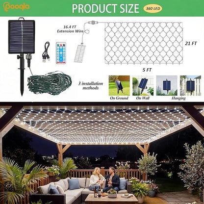 Pooqla Solar Net Lights, 21x5ft 360LED Christmas Net Lights Outdoor with 8 Modes, Solar & USB Powered Waterproof Green Wire Net Mesh String Lights for Bush Backyard Patio Decor, Cool White
