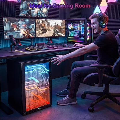 17" Beverage Refrigerator with LED Light Up Door – 128 Can Freestanding Drink Fridge, Small Beer Cooler with 4 Removable Shelves, Child Safety Lockfor Gaming Room Home Bar Party,Cyberpunk