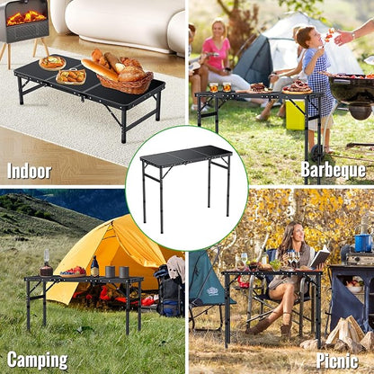 GARLLEN Folding Camping Table Max Capacity 66lbs, 3-Height Adjustable Portable Camping Table with Storage Bag, Lightweight Aluminum Picnic Table for Outdoor, Beach, BBQ, 34.2" L x 15.7" W, Black