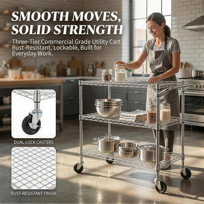 Finnhomy 3 Tier Heavy Duty Commercial Grade Utility Cart, Wire Rolling Cart with Handle Bar, Steel Service Cart with Wheels, Kitchen Carts on Wheels, Metal Cart Shelf Size 24" D x 36" W, NSF, Chrome