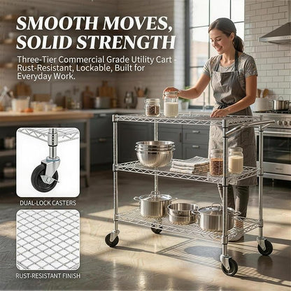 Finnhomy 3 Tier Heavy Duty Commercial Grade Utility Cart, Wire Rolling Cart with Handle Bar, Steel Service Cart with Wheels, Kitchen Carts on Wheels, Metal Cart Shelf Size 24" D x 36" W, NSF, Chrome