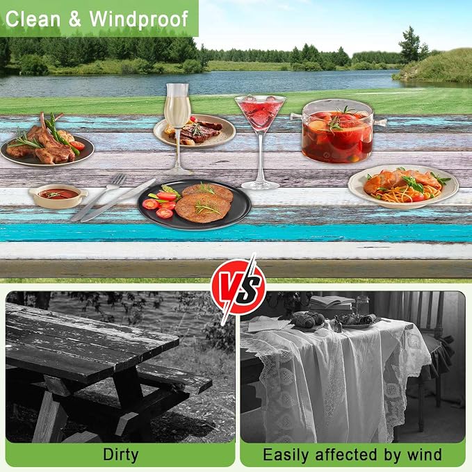 JAWO Rustic Farmhouse Country Wood Picnic Table Cover with Bench Covers, Camper RV Essentials Gear Supplies Outdoor Waterproof Windproof Tablecloth with Elastic, 30X72in
