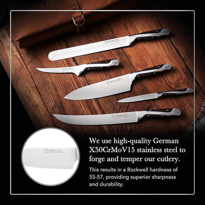 Hammer Stahl BBQ Knife Set | 5 Knives with Engraved Leather Roll | The Essential Barbecue Tools | High Carbon German Forged Stainless Steel Blades