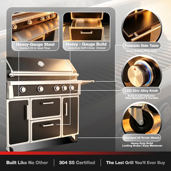 NG 4 Cast Burners Outdoor Kitchen Grill Island, 99,000 BTU, Black Painting