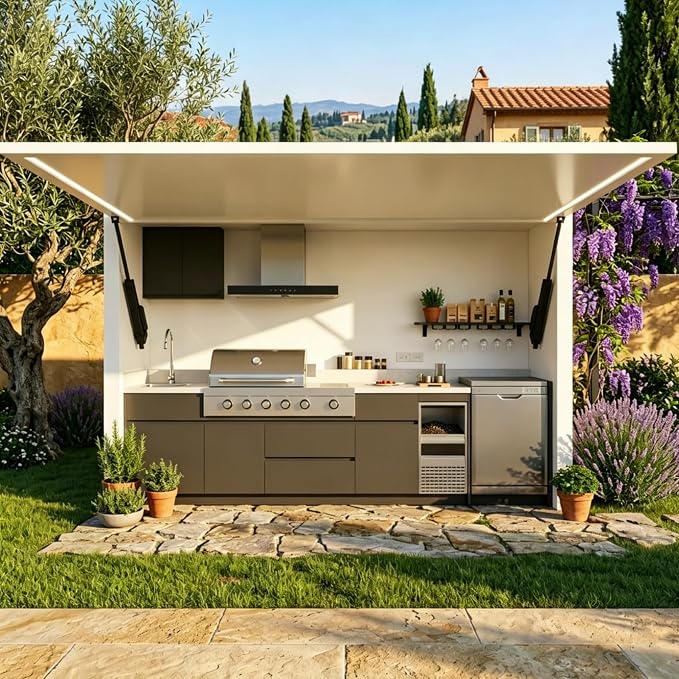 Luxury Modular Outdoor Kitchen Island with Roof, Prefab Kitchen Kits with Sink, Grill, Burners, Storage Cabinet, Refrigerator, Backyard Patio Cooking Station