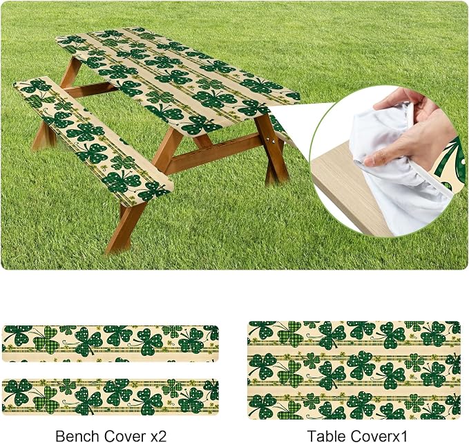 ANNA QUEEN St. Patrick’s Day Clover 6FT Picnic Table Cover with Bench Covers Set of 3 with Drawstring Bag, Green Clover 72"x30" Waterproof Picnic Tablecloth & Bench Covers for Outdoor Dining