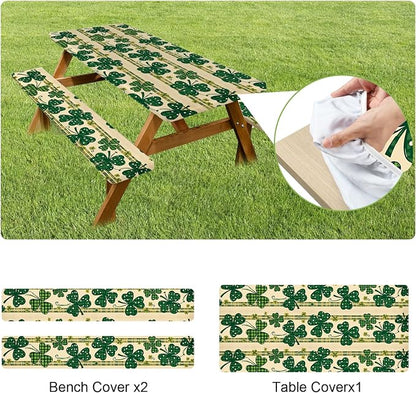 ANNA QUEEN St. Patrick’s Day Clover 6FT Picnic Table Cover with Bench Covers Set of 3 with Drawstring Bag, Green Clover 72"x30" Waterproof Picnic Tablecloth & Bench Covers for Outdoor Dining