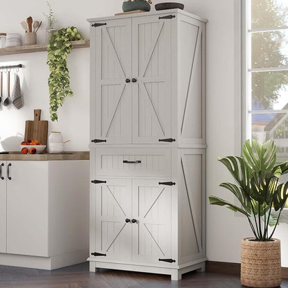 DWVO 72" Tall Farmhouse Pantry Cabinet, Kitchen Storage Pantry with Barn Doors & Drawer, Versatile Organizer with Adjustable Shelves, Rustic Cupboard for Dining Room, Living Room, White Oak | Tall Farmhouse Kitchen Pantry Cabinet, Kitchen Cupboard Vers...
