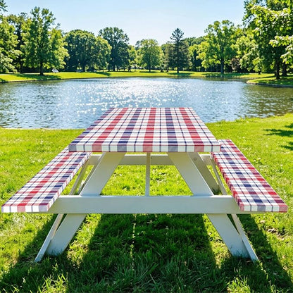 Fitted Picnic Table Cover with Bench Covers Elastic Waterproof Oil-Proof VintageTablecloths for 6 Foot Rectangle Tables Dining Outdoor Patio Camping Essentials (Blue Red Buffalo Plaid, 6 Foot)
