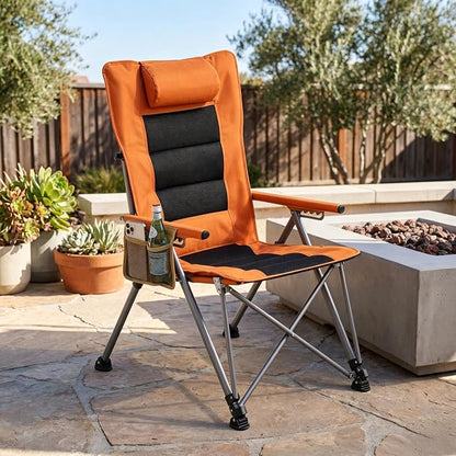 Adjustable Folding Beach Chair, Portable Camping Chair for Adults with Backrest, Reclining Outdoor Chair with Cup Holder & Pocket, Foldable Low Beach Chair for Camping, Picnic, Orange