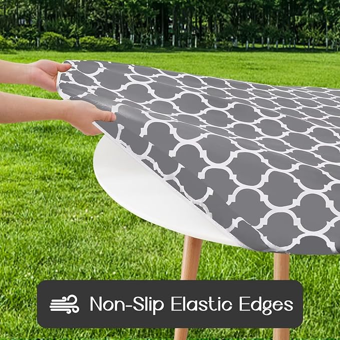 Romanstile Round Fitted Vinyl Tablecloth with Elastic Edge 100% Waterproof | Table Covers for 36"- 44" Tables, Wipeable Flannel Backed Plastic Table Cloths for Dinner Picnic Camping, GreyMoroccan