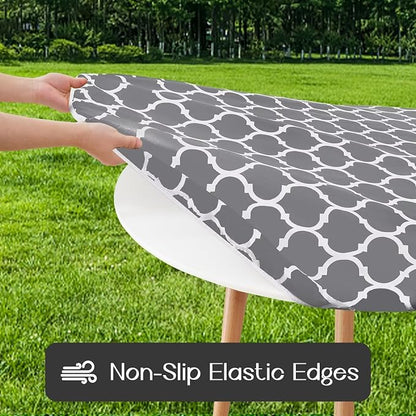 Romanstile Round Fitted Vinyl Tablecloth with Elastic Edge 100% Waterproof | Table Covers for 57"- 68" Tables, Wipeable Flannel Backed Plastic Table Cloths for Dinner Picnic Camping, GreyMoroccan